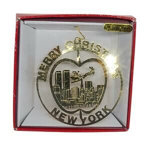 Merry Christmas New York Big Apple Twin Towers Ornament 24K Gold Finish Brass